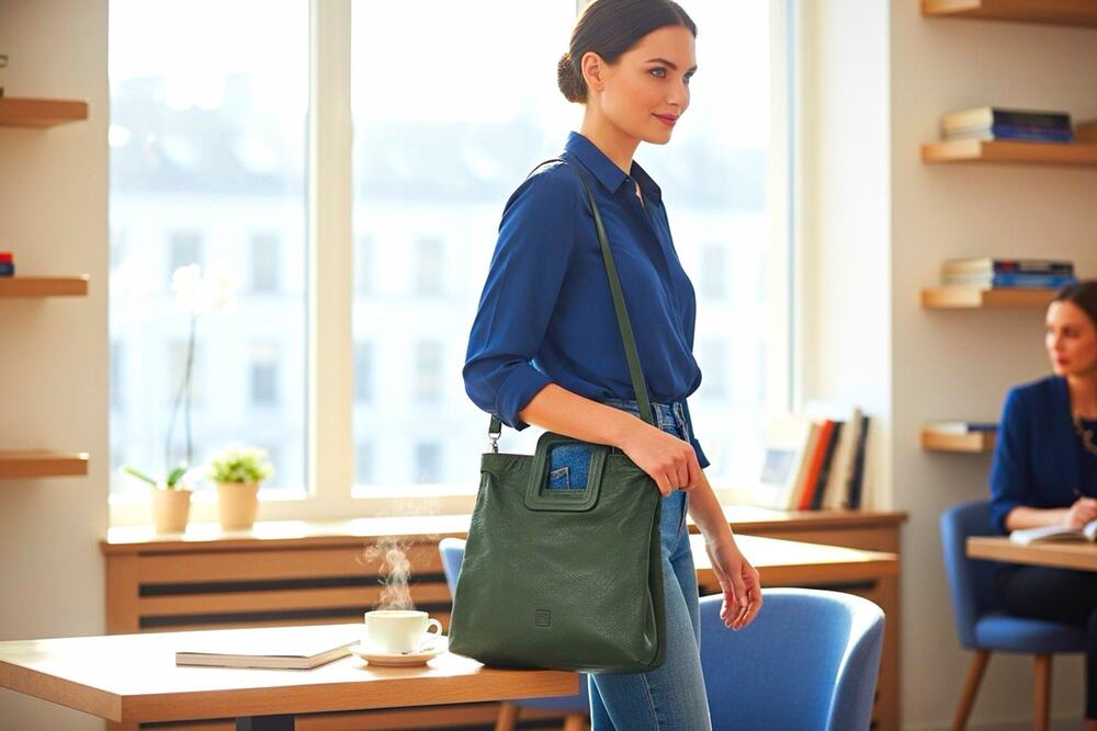 TMRW Studio Antonio Dark Green Leather Crossbody Bag Tote Square Handle Medium